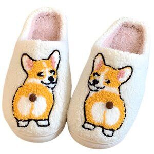 Funny  Corgi Slippers for Women Men Winter House Shoes, Fluffy Bedroom Slides